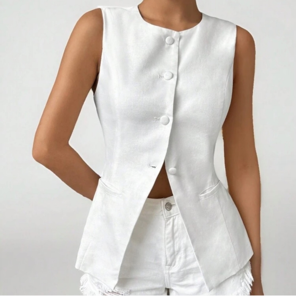 White Linen Sleeveless Blazer Vest By SHEIN